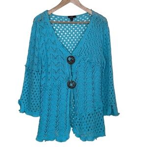 Lisa International Turquoise Open Knit Boho Lagenlook Cardigan Sweater Large